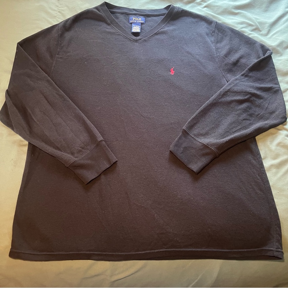 Polo Ralph Lauren Men's 2XL Black V-Neck Waffle Knit Pullover Long Sleeve Shirt
